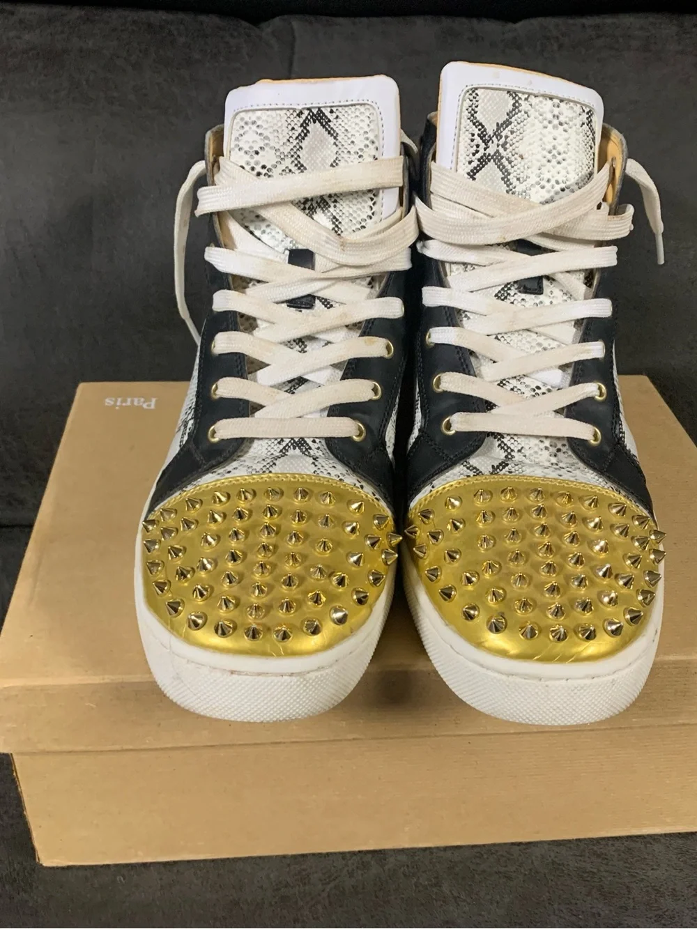 Christian Louboutin Snake-Print High-Top Sneakers with Gold Spike Toe